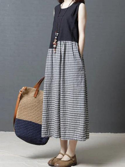 Modern Black Plaid Cotton Linen Dresses O Neck Sleeveless Patchwork Maxi Dresses