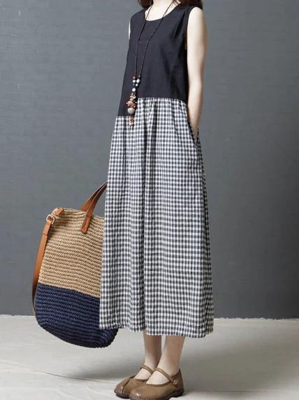Modern Black Plaid Cotton Linen Dresses O Neck Sleeveless Patchwork Maxi Dresses
