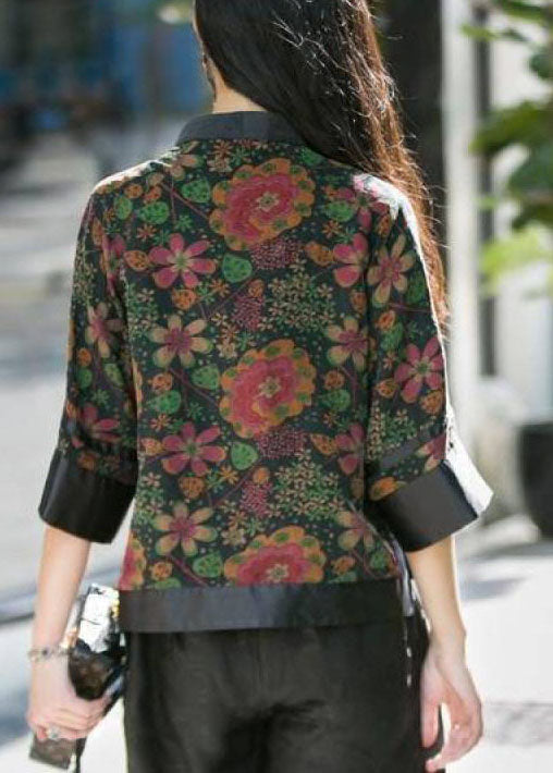Modern Black Stand Collar Button Print Patchwork Silk Tops Spring
