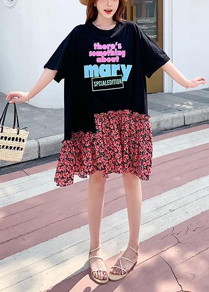 Modern Black Alphabet Print Cotton Clothes for Asymmetric Patchwork a Line Summer Dresses