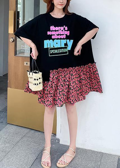 Modern Black Alphabet Print Cotton Clothes for Asymmetric Patchwork a Line Summer Dresses
