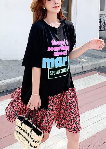 Modern Black Alphabet Print Cotton Clothes for Asymmetric Patchwork a Line Summer Dresses