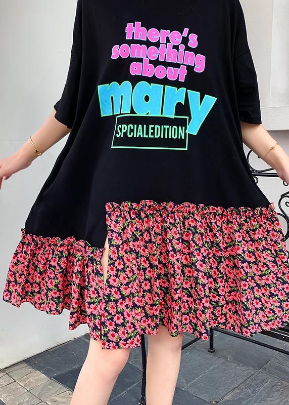 Modern Black Alphabet Print Cotton Clothes for Asymmetric Patchwork a Line Summer Dresses