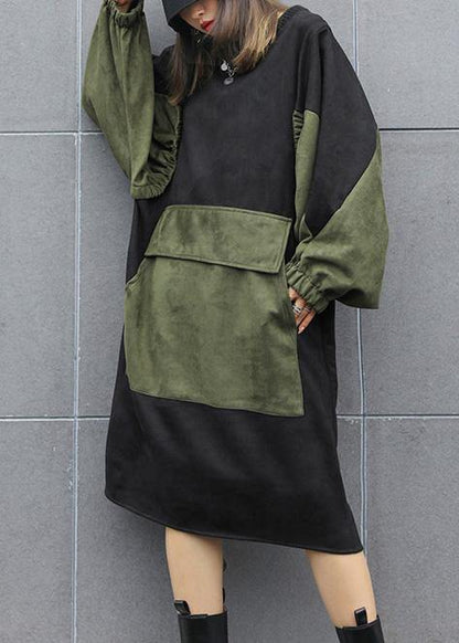 Modern Black Clothes O Neck Patchwork Loose Fall Dress