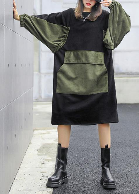 Modern Black Clothes O Neck Patchwork Loose Fall Dress