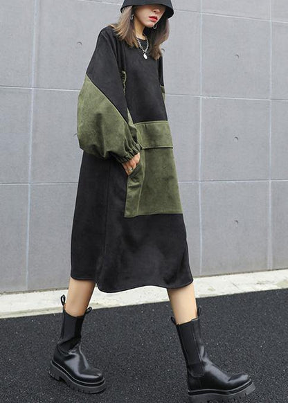 Modern Black Clothes O Neck Patchwork Loose Fall Dress