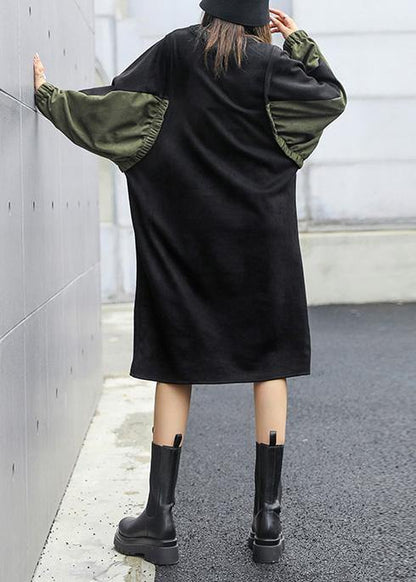 Modern Black Clothes O Neck Patchwork Loose Fall Dress