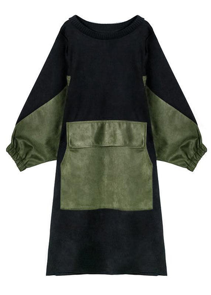 Modern Black Clothes O Neck Patchwork Loose Fall Dress