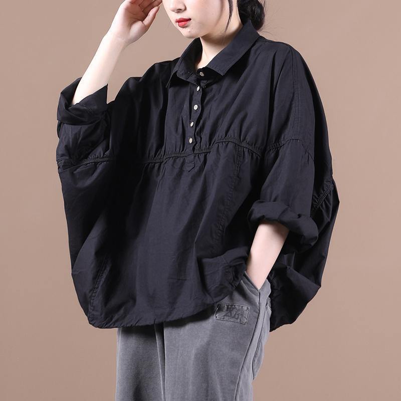 Modern Black Clothes Lapel Cinched Baggy Blouse