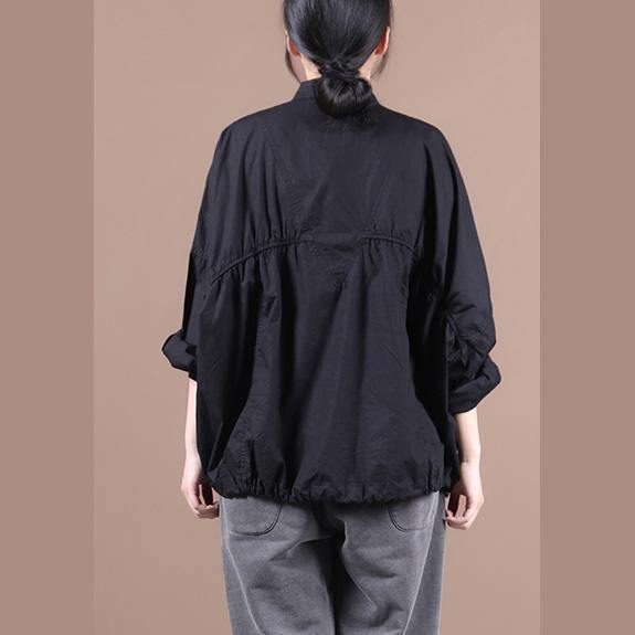 Modern Black Clothes Lapel Cinched Baggy Blouse
