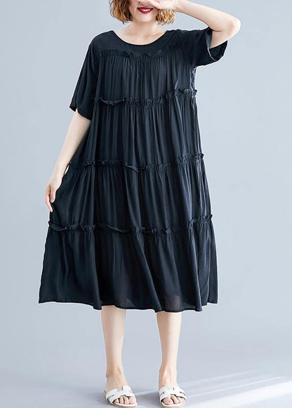 Modern Black Cotton Tunics O Neck Cinched Maxi Summer Dress