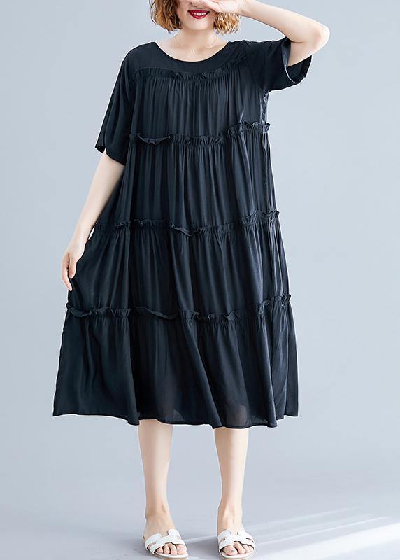 Modern Black Cotton Tunics O Neck Cinched Maxi Summer Dress