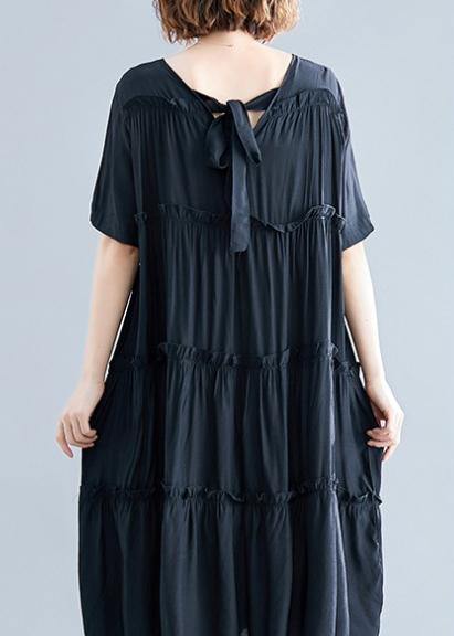 Modern Black Cotton Tunics O Neck Cinched Maxi Summer Dress