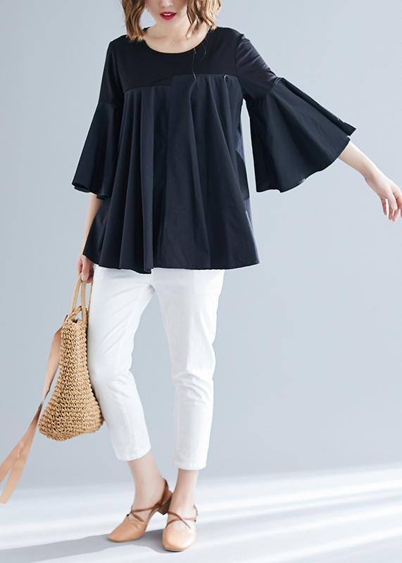 Modern Black Cotton Blended Clothes Cotton O Neck Flare Sleeve Silhouette Summer Blouse