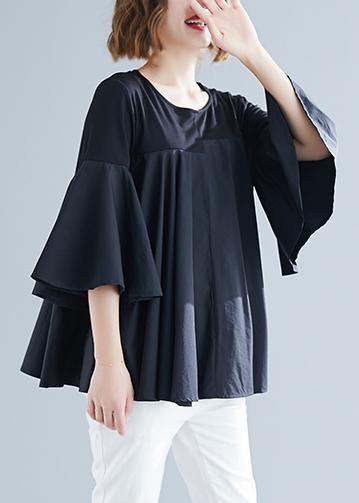 Modern Black Cotton Blended Clothes Cotton O Neck Flare Sleeve Silhouette Summer Blouse