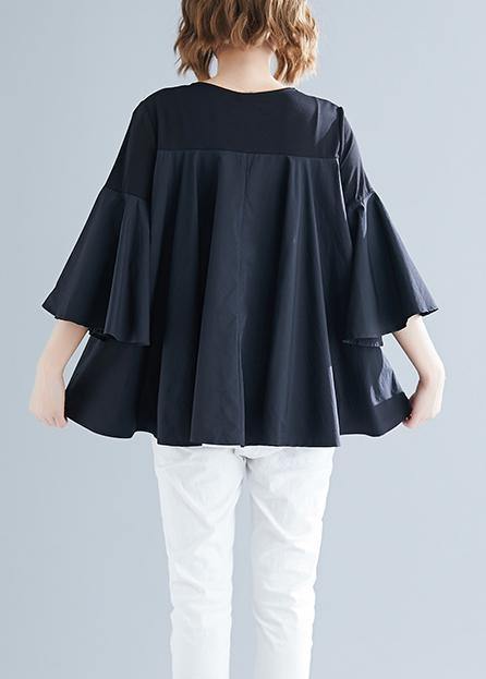 Modern Black Cotton Blended Clothes Cotton O Neck Flare Sleeve Silhouette Summer Blouse