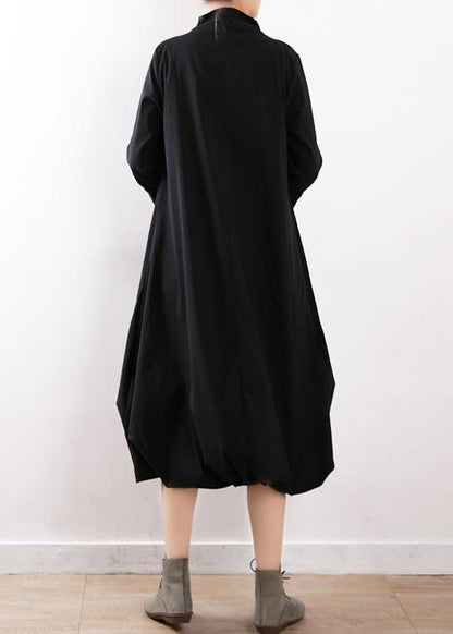 Modern Black Cotton Dresses High Neck Asymmetric Traveling Fall Dress