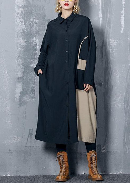 Modern Black Cotton Dresses Lapel Pockets Patchwork Dresses Fall Dress