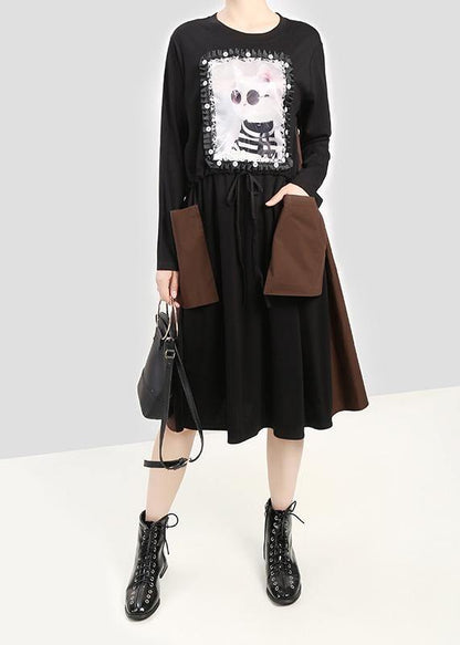 Modern Black Cotton Quilting Clothes Cat Prints Patchwork Pockets Dress