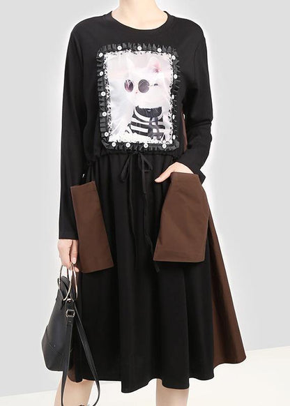 Modern Black Cotton Quilting Clothes Cat Prints Patchwork Pockets Dress