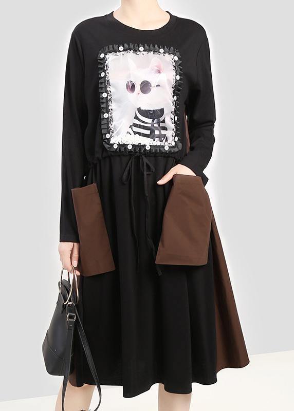 Modern Black Cotton Quilting Clothes Cat Prints Patchwork Pockets Dress
