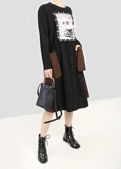 Modern Black Cotton Quilting Clothes Cat Prints Patchwork Pockets Dress