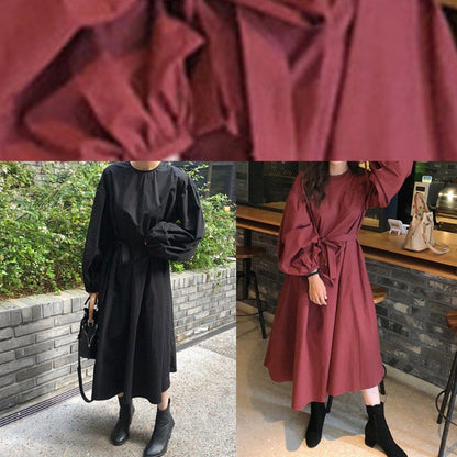 Modern Black Cotton Quilting Clothes O Neck Batwing Sleeve Kaftan Spring Dresses