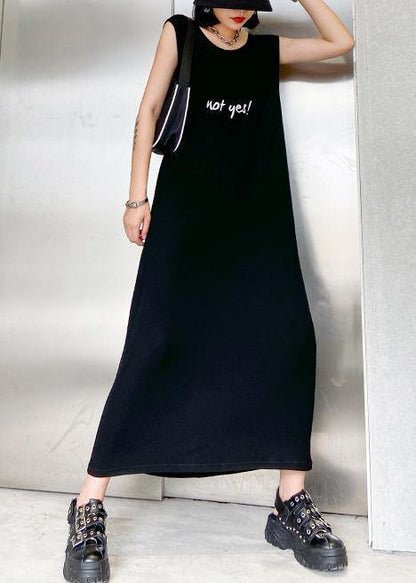 Modern Black Cotton Quilting Clothes O Neck Sleeveless Robe Summer Dresses