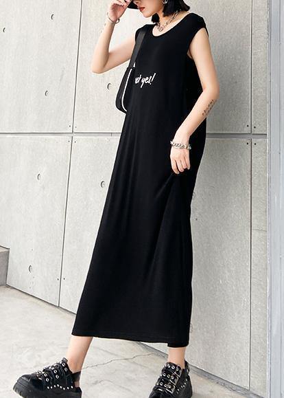 Modern Black Cotton Quilting Clothes O Neck Sleeveless Robe Summer Dresses