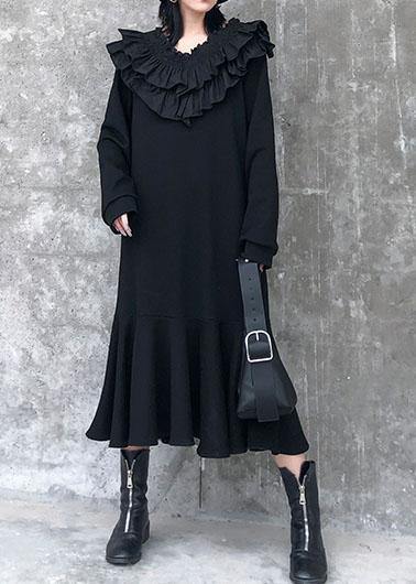 Modern Black Cotton Quilting Dresses Ruffled Patchwork Maxi Dress