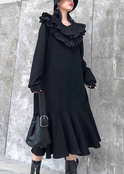 Modern Black Cotton Quilting Dresses Ruffled Patchwork Maxi Dress