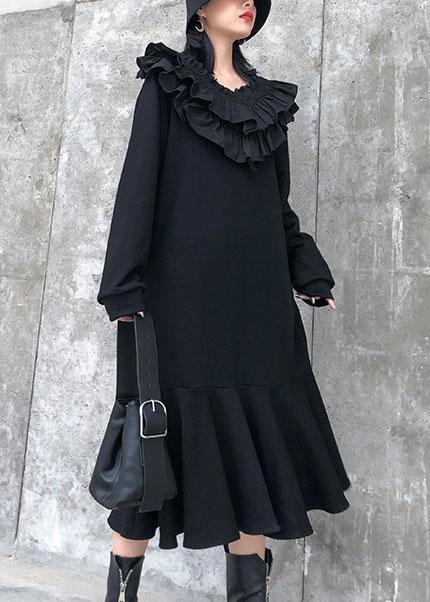 Modern Black Cotton Quilting Dresses Ruffled Patchwork Maxi Dress