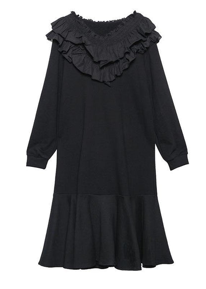 Modern Black Cotton Quilting Dresses Ruffled Patchwork Maxi Dress
