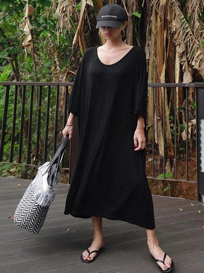 Modern Black Cotton Tunic Dress O Neck Baggy Maxi Dress