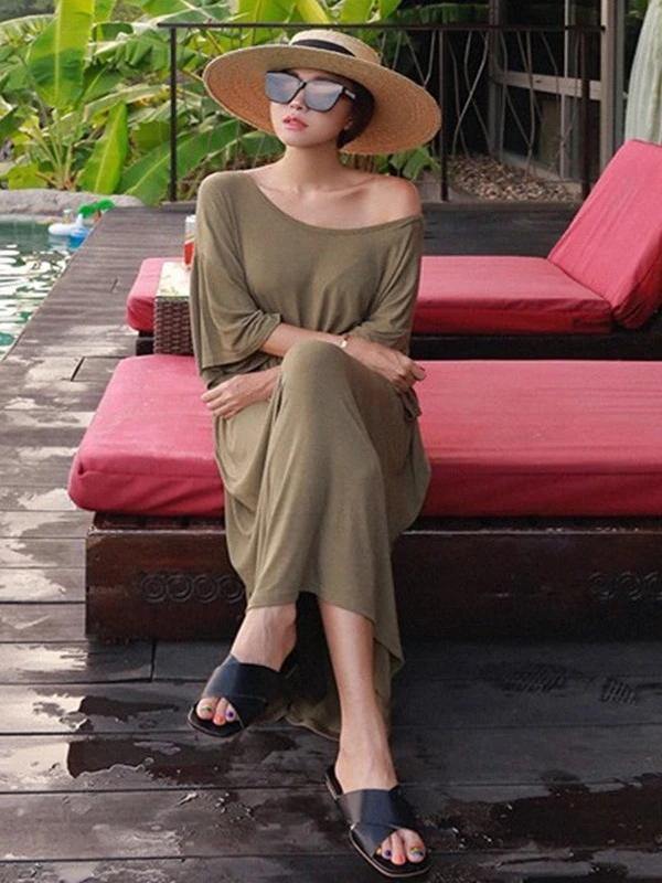 Modern Black Cotton Tunic Dress O Neck Baggy Maxi Dress