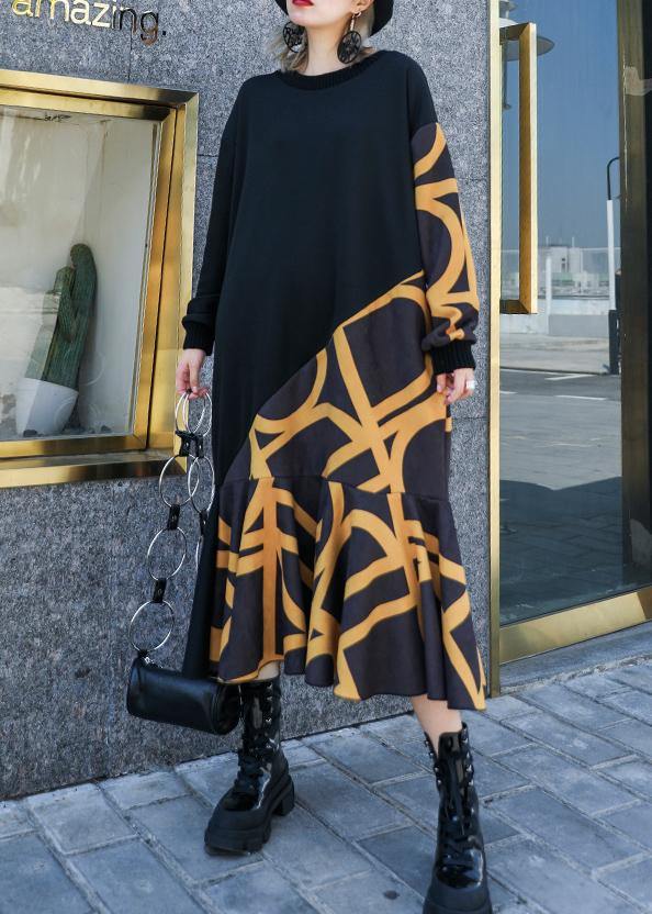 Modern Black Patchwork Cotton Long Shirts Ruffles Hem Cotton Robes Winter Dresses