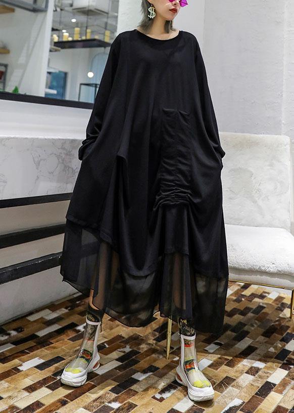 Modern Black Patchwork Cotton Tunic Top Cinched Cotton Robes Fall Dresses
