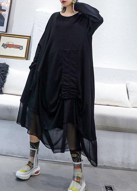 Modern Black Patchwork Cotton Tunic Top Cinched Cotton Robes Fall Dresses