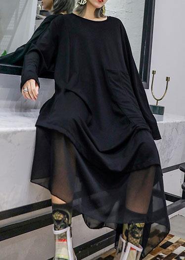 Modern Black Patchwork Cotton Tunic Top Cinched Cotton Robes Fall Dresses