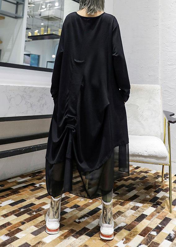 Modern Black Patchwork Cotton Tunic Top Cinched Cotton Robes Fall Dresses
