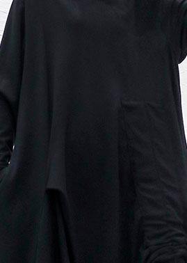Modern Black Patchwork Cotton Tunic Top Cinched Cotton Robes Fall Dresses
