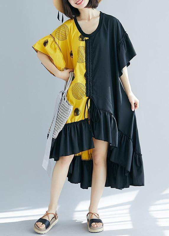 Modern Black Patchwork Yellow Long Shirts V Neck Ruffles Maxi Summer Dress