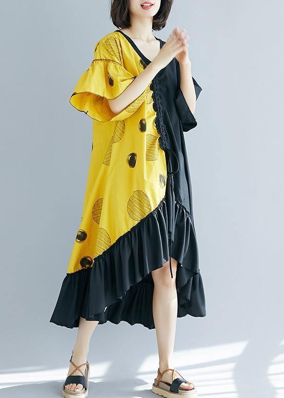 Modern Black Patchwork Yellow Long Shirts V Neck Ruffles Maxi Summer Dress