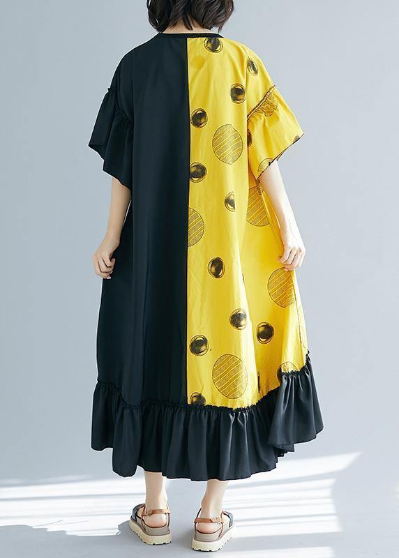 Modern Black Patchwork Yellow Long Shirts V Neck Ruffles Maxi Summer Dress