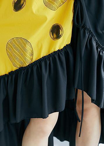 Modern Black Patchwork Yellow Long Shirts V Neck Ruffles Maxi Summer Dress