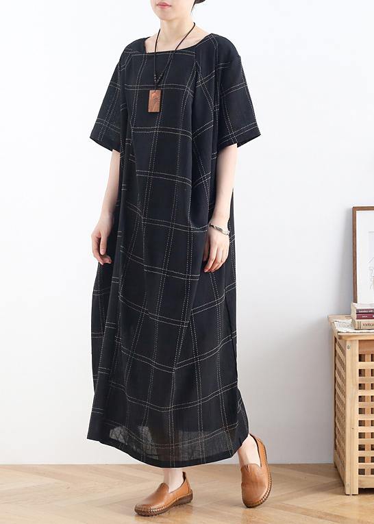 Modern Black Plaid Cotton Clothes O Neck Short Sleeve Dresses
