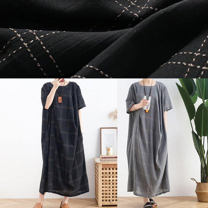 Modern Black Plaid Cotton Clothes O Neck Short Sleeve Dresses