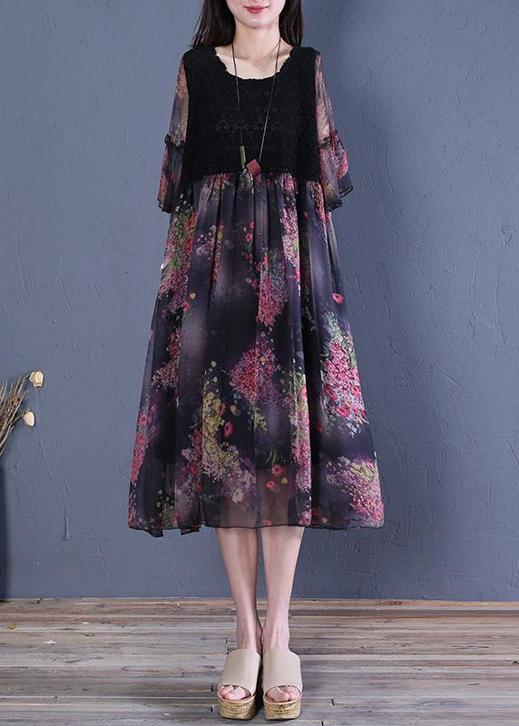 Modern Black Print Cotton Clothes O Neck Butterfly Sleeve Short Dresses