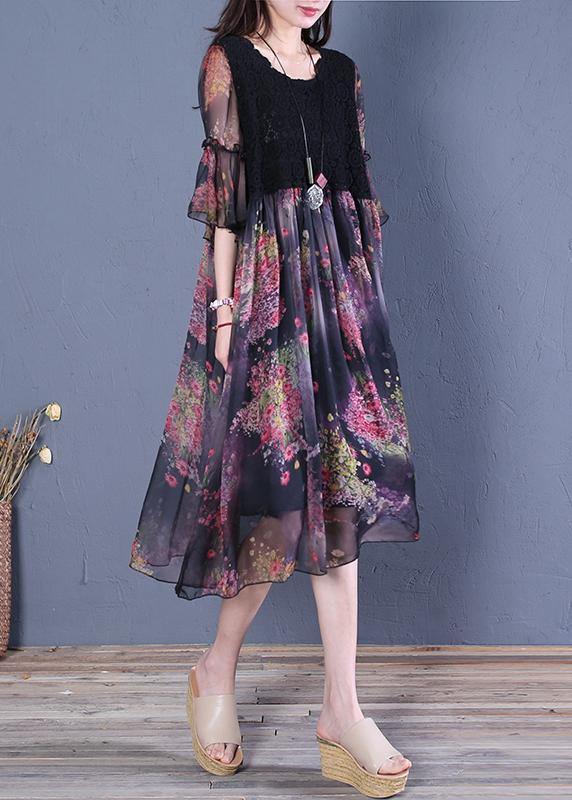 Modern Black Print Cotton Clothes O Neck Butterfly Sleeve Short Dresses