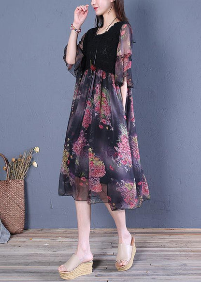 Modern Black Print Cotton Clothes O Neck Butterfly Sleeve Short Dresses